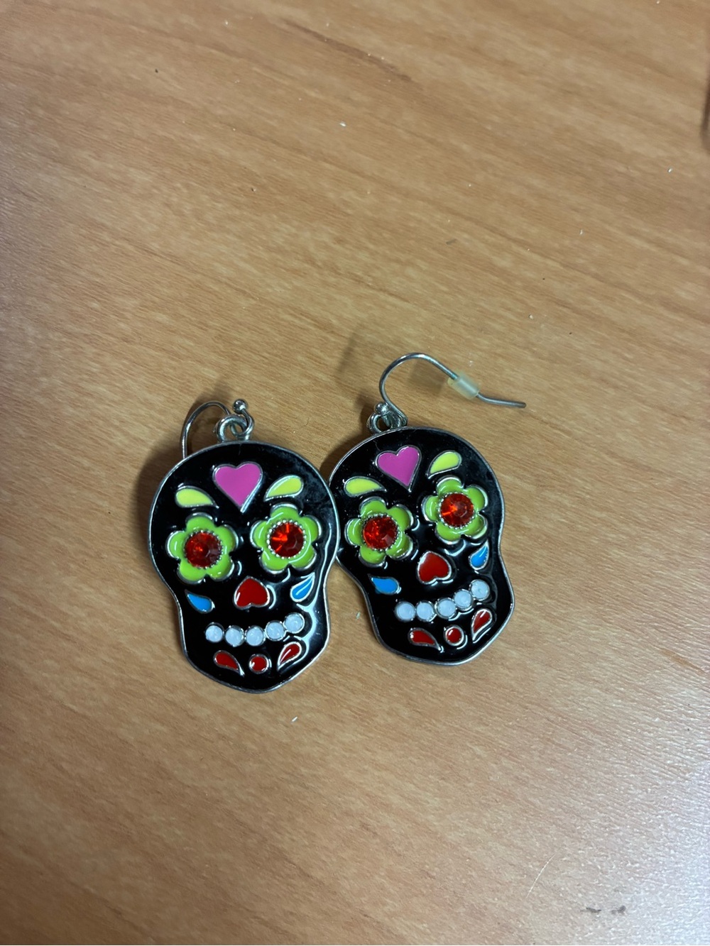 Black Enamel Sugar Skull Dangle Earrings with Pink & Yellow Accents